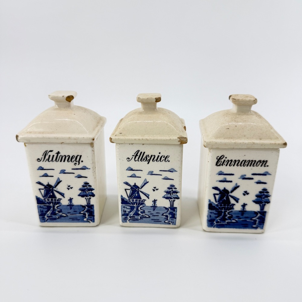 GMT Co Germany Vintage Windmill Spice Jar Set Blue White Ceramic Small 3pc
